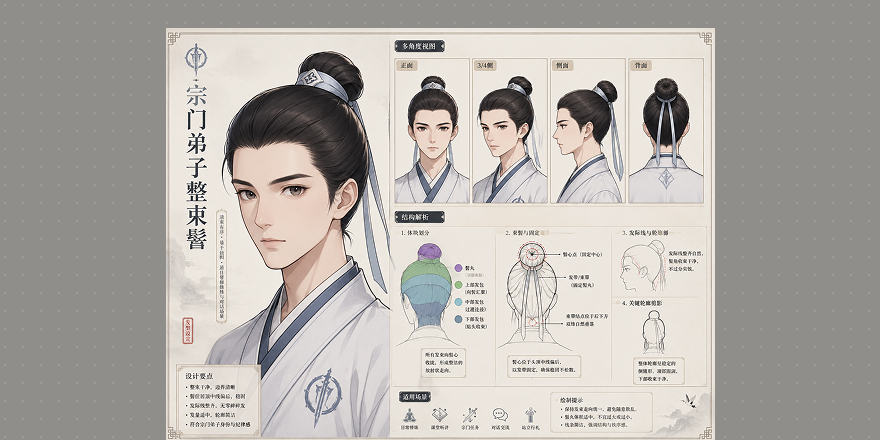 Sect disciple neat topknot hair sheet—structure, angles, and identity cues.
