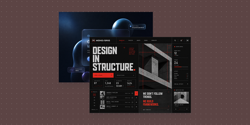 Brutalist MONO/GRID UI mockup contrasting structured, high-contrast design directions.