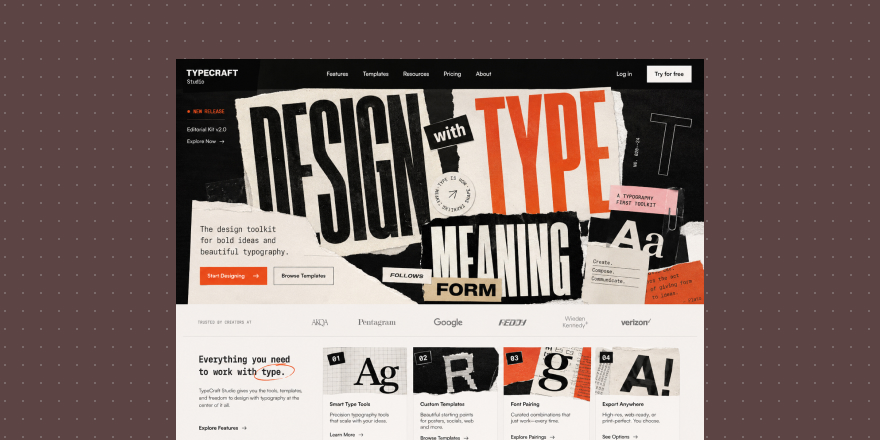 TYPECRAFT editorial landing—typography-first layout rhythm for dense vs open pages.