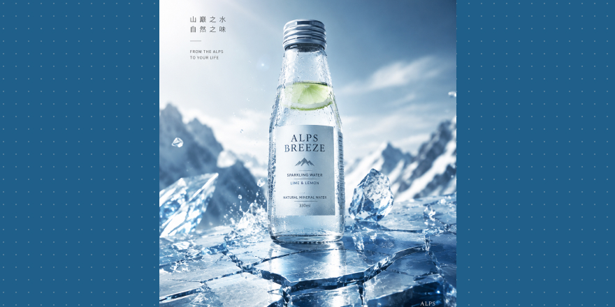 Sparkling water bottle on cracked ice in the Alps—a clean, soft, watery AI product look typical of skincare-ad aesthetics.